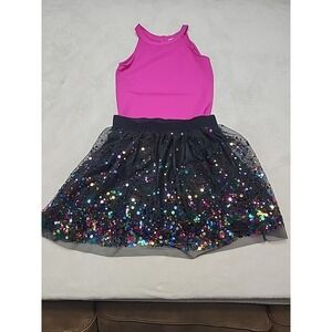 Beautees 2 Pc Hot Pink Bodysuit W/multi Colored Sequin‎ Skirt Size 16
